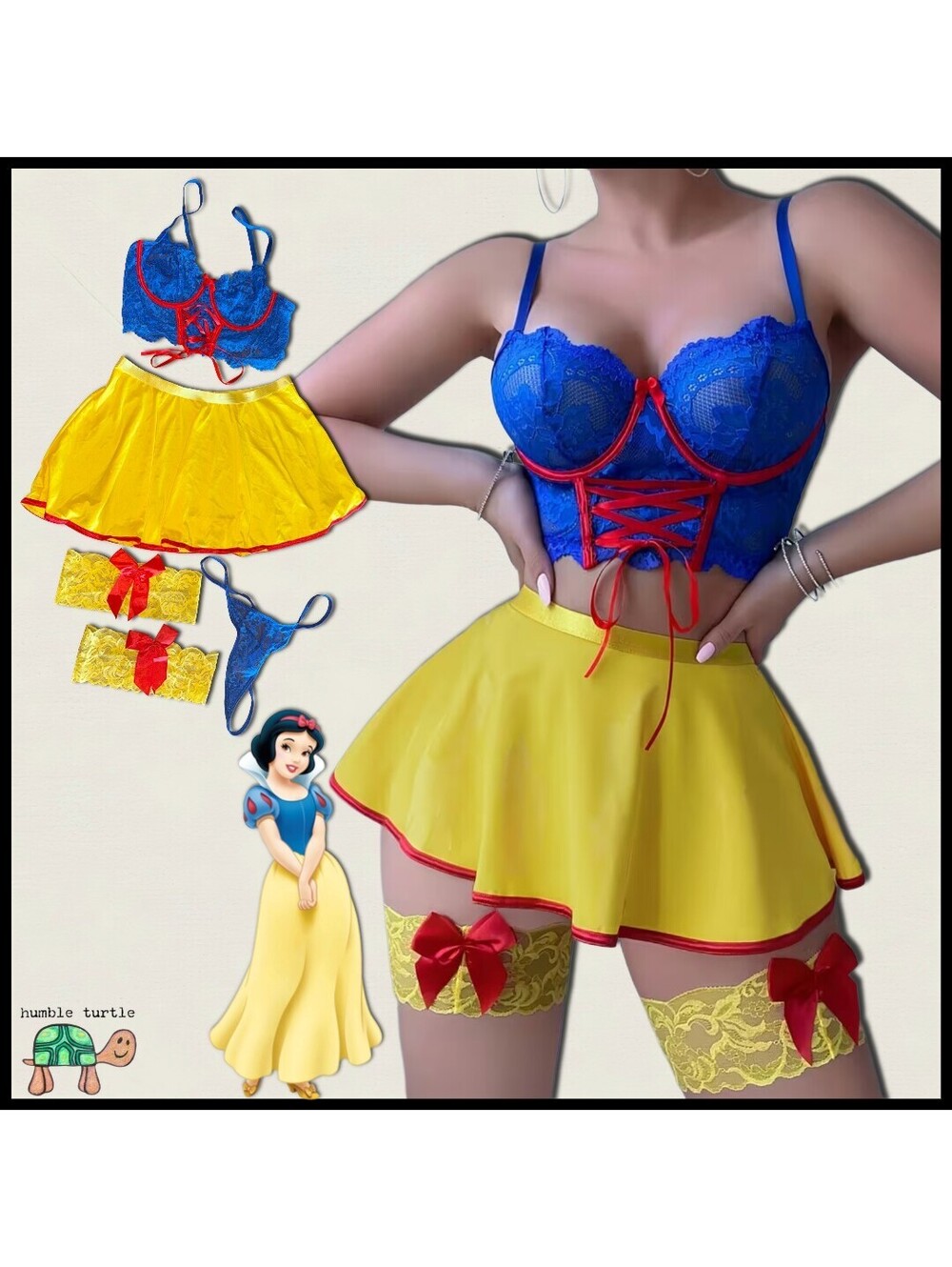 Snow White Inspired Lingerie Set with Lace & Bow Accents | Size: L/XL | NIB